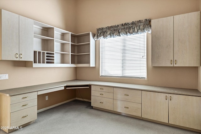 unfurnished office with light colored carpet and built in desk