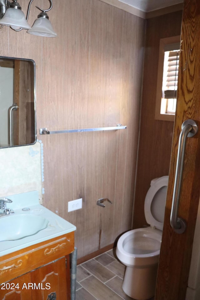 bathroom with hardwood / wood-style flooring, vanity, and toilet