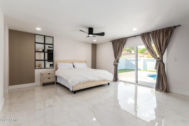 bedroom with access to outside, light tile patterned floors, and ceiling fan