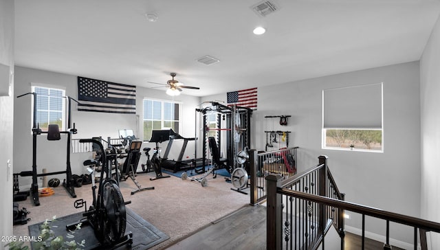 exercise area featuring carpet floors, a wealth of natural light, and ceiling fan