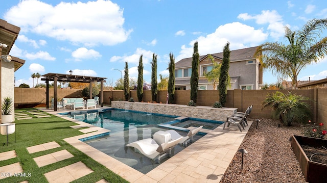 view of pool with a lawn, a pergola, an in ground hot tub, and a patio