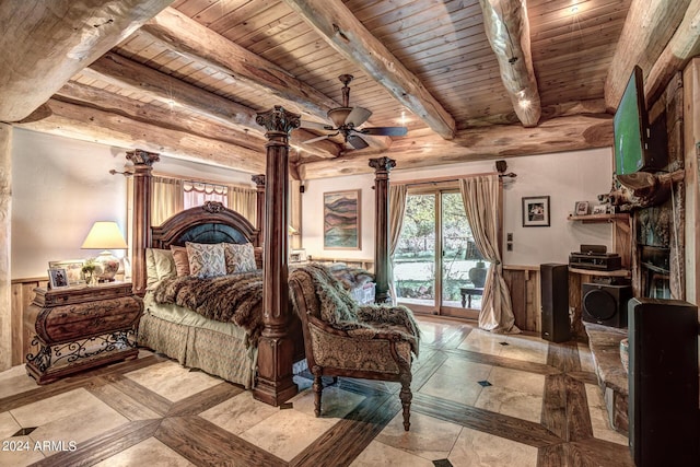 bedroom with access to outside, beamed ceiling, wood ceiling, and a wainscoted wall