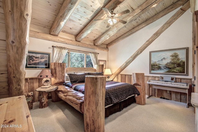 bedroom with a wainscoted wall, carpet, wood walls, and wooden ceiling