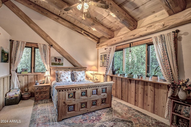 bedroom featuring wainscoting, wooden ceiling, wood walls, and multiple windows