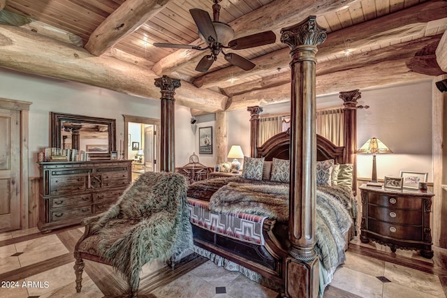 bedroom with wooden ceiling, beamed ceiling, a ceiling fan, and ornate columns