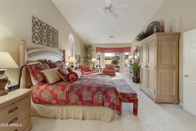 bedroom with high vaulted ceiling, access to outside, light colored carpet, and ceiling fan