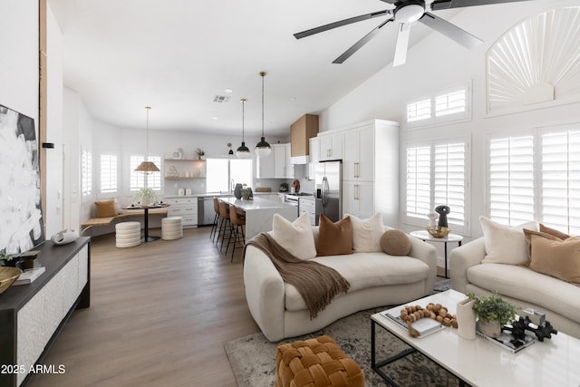 802 N Lisbon Dr, Chandler, AZ 85226 - living area featuring ceiling fan, wood finished floors, and high vaulted ceiling