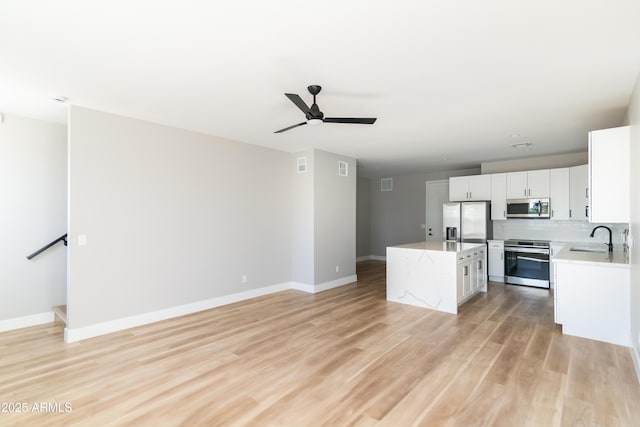 kitchen with sink, appliances with stainless steel finishes, white cabinetry, backsplash, and a center island