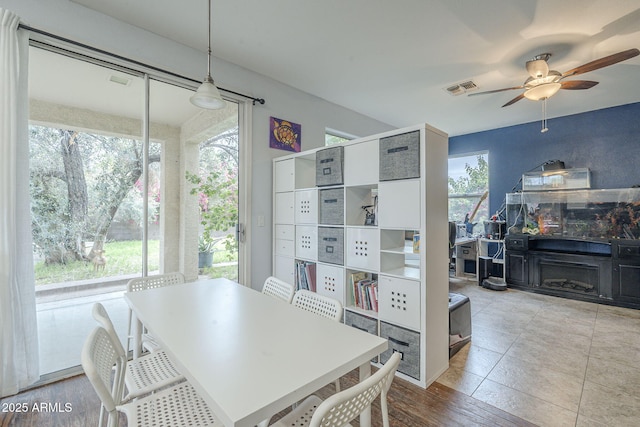 dining space with a ceiling fan and healthy amount of natural light