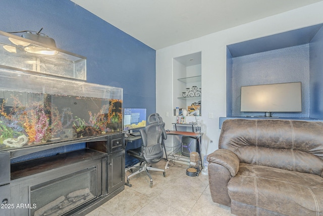 tiled home office with built in shelves