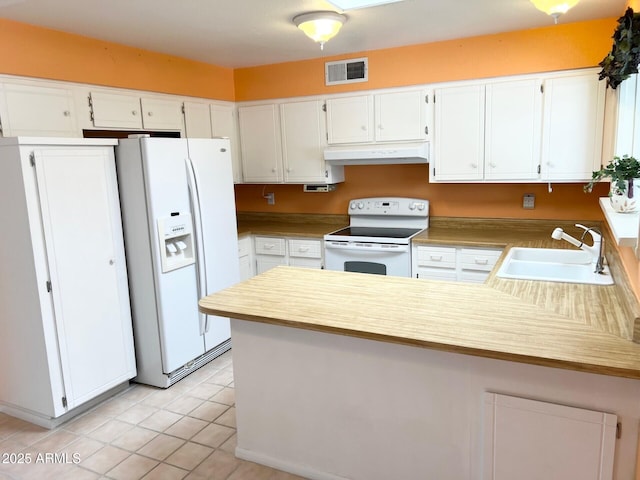 kitchen featuring white appliances, visible vents, a peninsula, under cabinet range hood, and a sink