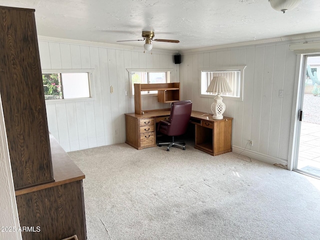 carpeted office space with a textured ceiling, ceiling fan, and a wealth of natural light