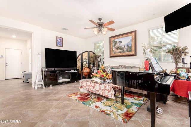 living room featuring ceiling fan