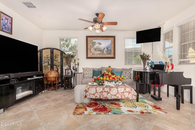 living room featuring ceiling fan