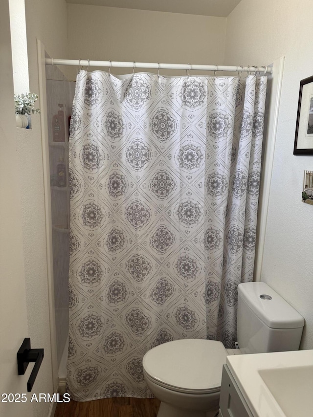 full bathroom with toilet, vanity, and a shower with shower curtain