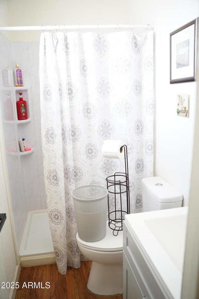 2302 E Sheraton Ln, Phoenix, AZ 85040 - full bathroom with wood finished floors, a shower with shower curtain, and vanity