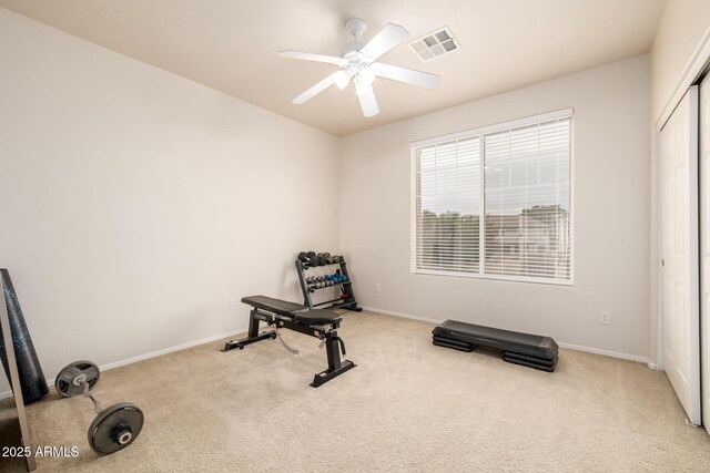 6971 W El Cortez Pl, Peoria, AZ 85383 - exercise room with carpet floors, ceiling fan, and baseboards