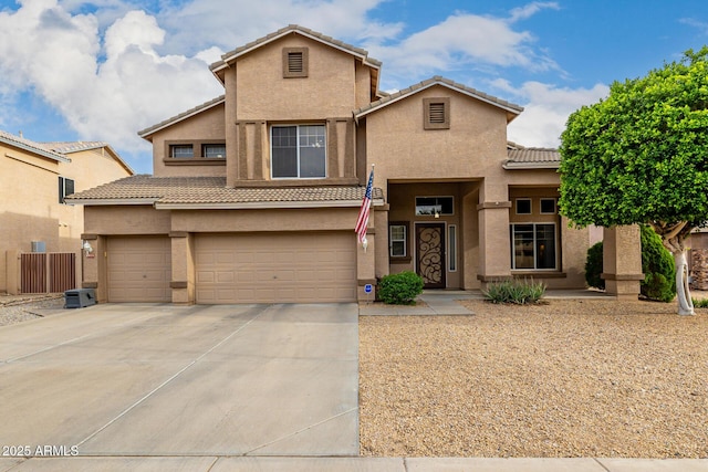 6971 W El Cortez Pl, Peoria, AZ 85383 - view of front facade featuring stucco siding, a tiled roof, concrete driveway, and a garage