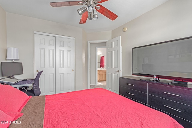 bedroom featuring a closet, ceiling fan, and carpet floors