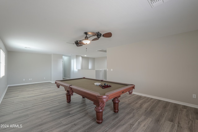 game room featuring ceiling fan, light wood-type flooring, pool table, and a wealth of natural light