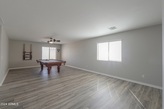 rec room with wood-type flooring, pool table, and ceiling fan