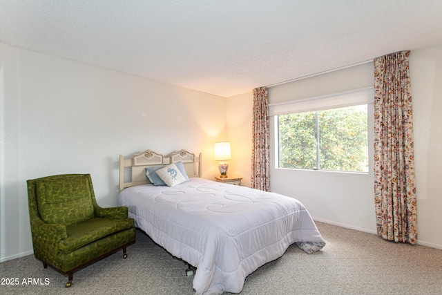 bedroom featuring baseboards, carpet floors, and a textured ceiling