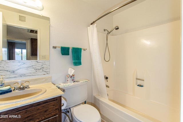 full bathroom with vanity, shower / tub combo, toilet, and visible vents