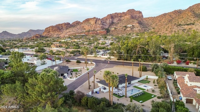 drone / aerial view featuring a mountain view