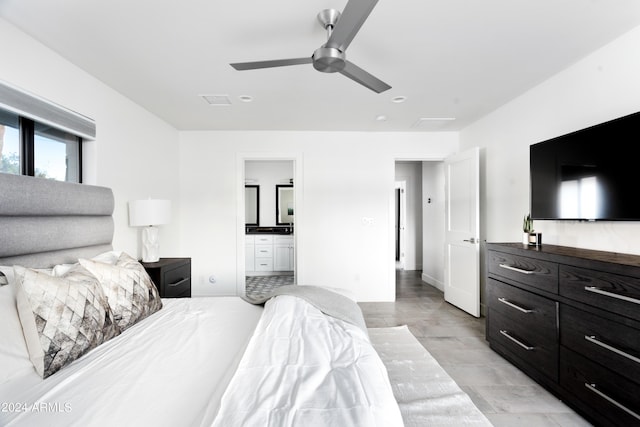 bedroom with ensuite bath, visible vents, and ceiling fan