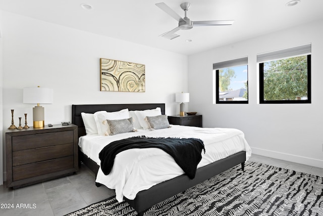 bedroom with recessed lighting, light tile patterned floors, baseboards, and ceiling fan