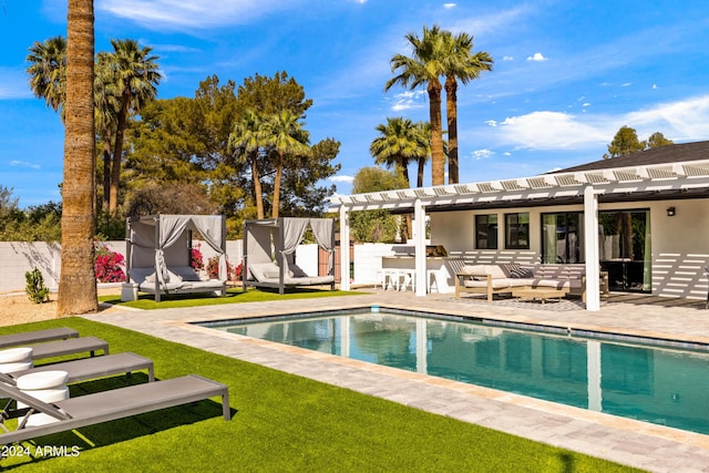 view of pool featuring an outdoor hangout area, a yard, a pergola, and a patio area