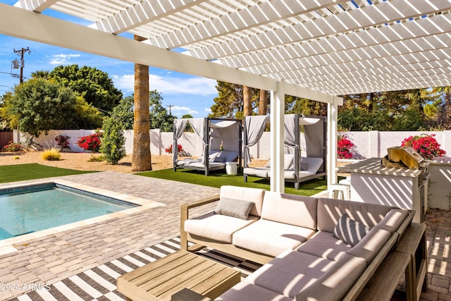 view of patio with a pergola, outdoor lounge area, a fenced backyard, a trampoline, and a fenced in pool