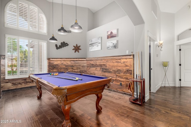 2058 E Marlene Dr, Gilbert, AZ 85296 - game room with a towering ceiling, hardwood / wood-style floors, billiards, and arched walkways