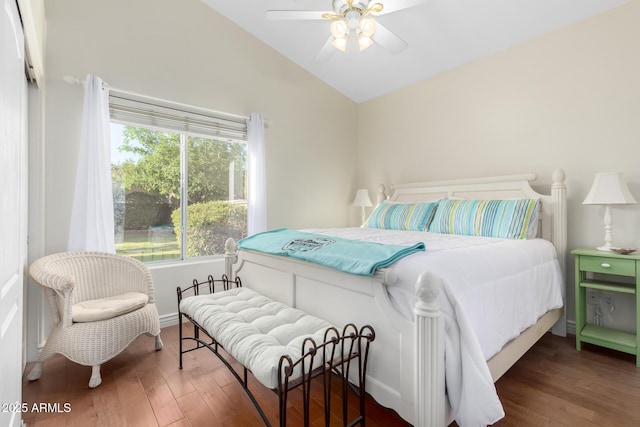 2058 E Marlene Dr, Gilbert, AZ 85296 - bedroom featuring vaulted ceiling, wood finished floors, and a ceiling fan