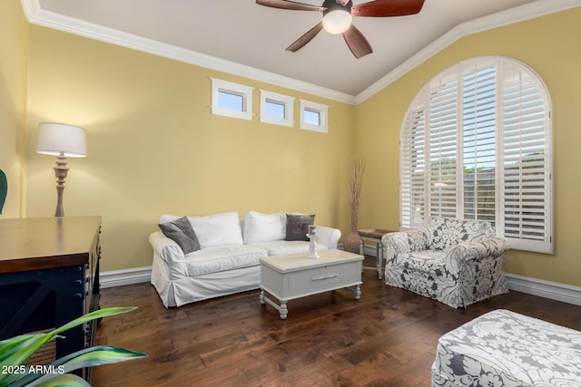 2058 E Marlene Dr, Gilbert, AZ 85296 - living room featuring ceiling fan, crown molding, wood-type flooring, and vaulted ceiling