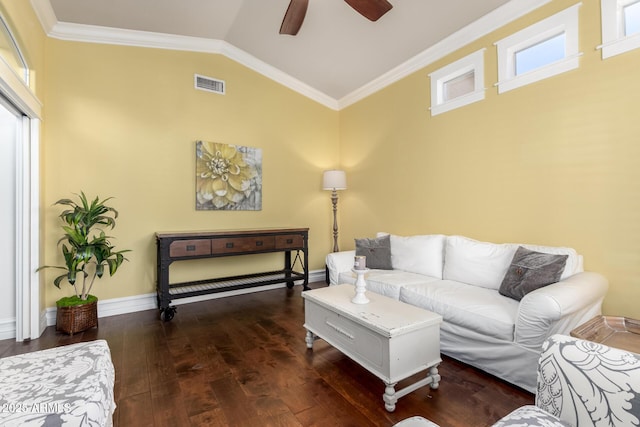 2058 E Marlene Dr, Gilbert, AZ 85296 - living area with a ceiling fan, hardwood / wood-style floors, ornamental molding, and high vaulted ceiling
