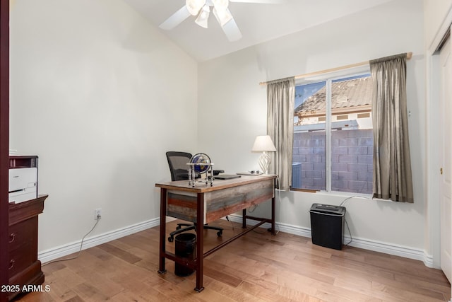 2058 E Marlene Dr, Gilbert, AZ 85296 - home office featuring vaulted ceiling, ceiling fan, and wood finished floors