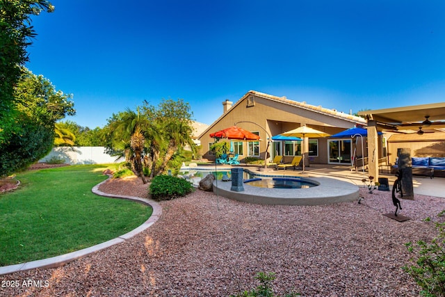 2058 E Marlene Dr, Gilbert, AZ 85296 - rear view of property featuring a ceiling fan, a patio, stucco siding, and a chimney