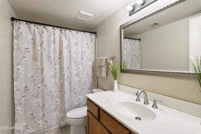 full bathroom featuring toilet, tile patterned flooring, vanity, and visible vents