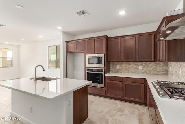 kitchen with extractor fan, sink, stainless steel appliances, and backsplash