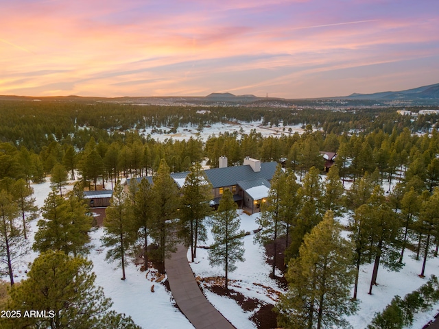 snowy aerial view featuring a forest view and a mountain view