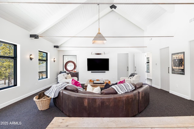 carpeted living room featuring beamed ceiling, baseboards, and visible vents