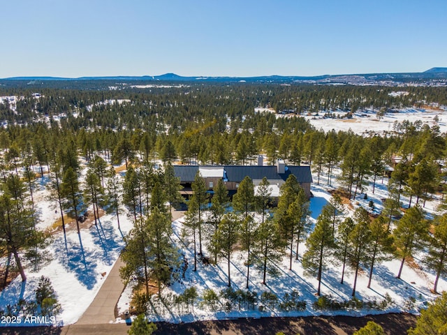 snowy aerial view with a forest view and a mountain view