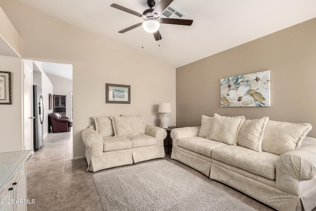 living area with lofted ceiling, concrete floors, visible vents, and a ceiling fan