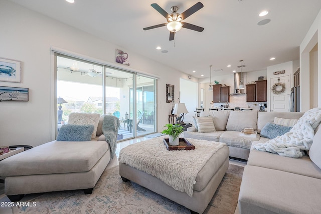 living room featuring ceiling fan