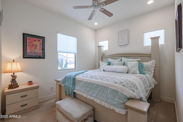 carpeted bedroom with ceiling fan