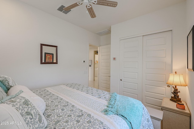 bedroom featuring ceiling fan and a closet