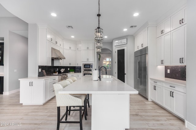 kitchen with built in appliances, sink, exhaust hood, and light hardwood / wood-style flooring