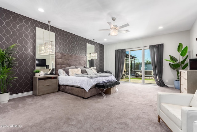 bedroom with light carpet, ceiling fan, and access to exterior