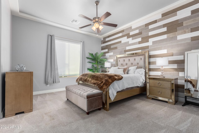 bedroom with ceiling fan and light colored carpet